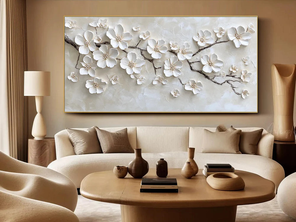 textured white blossom branch wall art with raised floral details