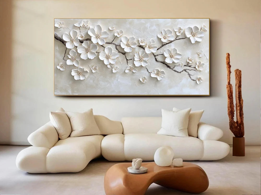 textured white blossom branch wall art with raised floral details