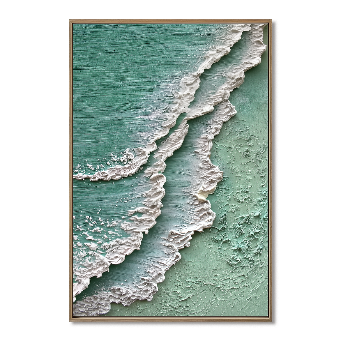 Textured ocean wave painting with raised white foam, ocean in aqua and green tones.