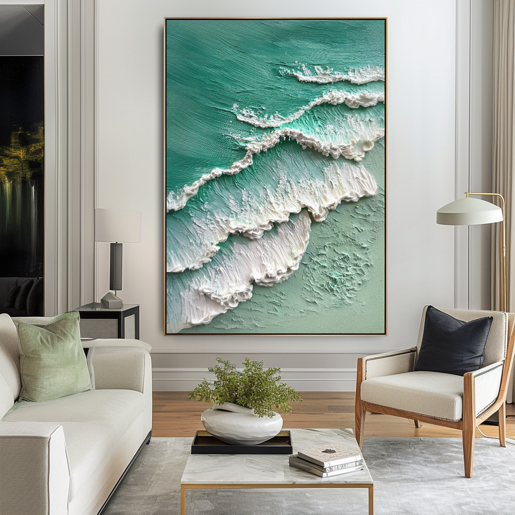 Textured ocean wave painting with raised white foam and turquoise shades.