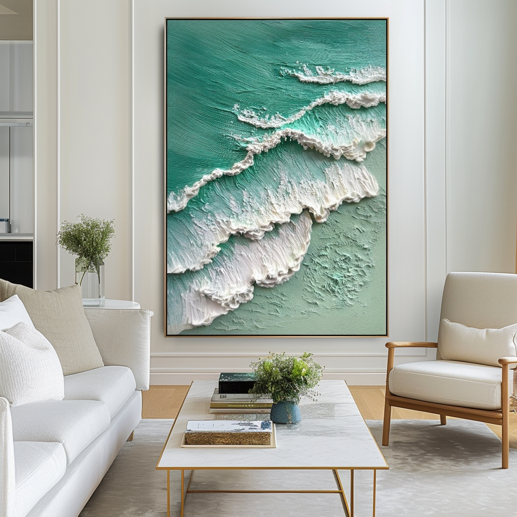 Textured ocean wave painting with raised white foam and turquoise shades.