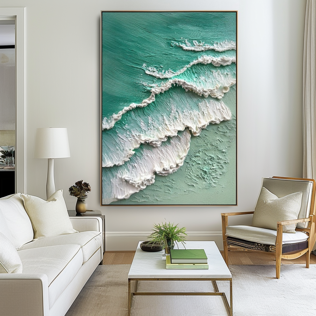 Textured ocean wave painting with raised white foam and turquoise shades.