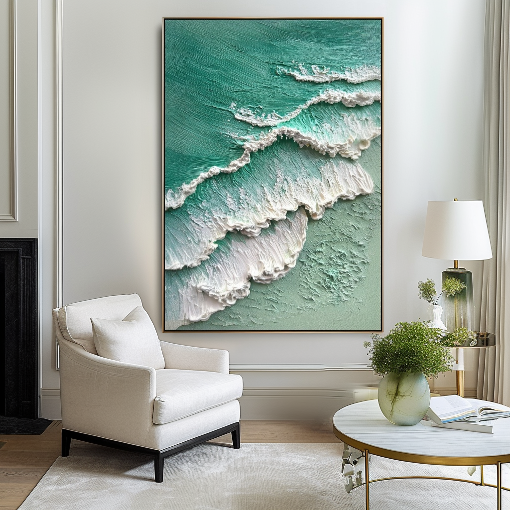 Textured ocean wave painting with raised white foam and turquoise shades.