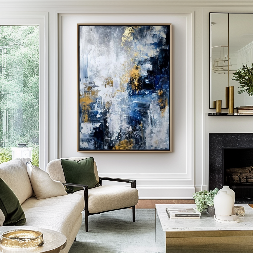 Abstract painting with blue, white, and gold accents, featuring textured brushstrokes.