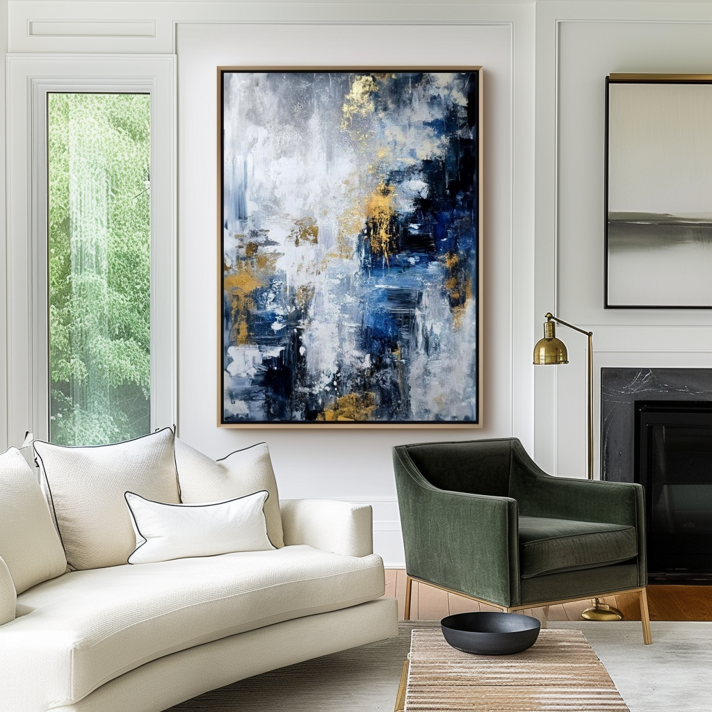 Abstract painting with blue, white, and gold accents, featuring textured brushstrokes.