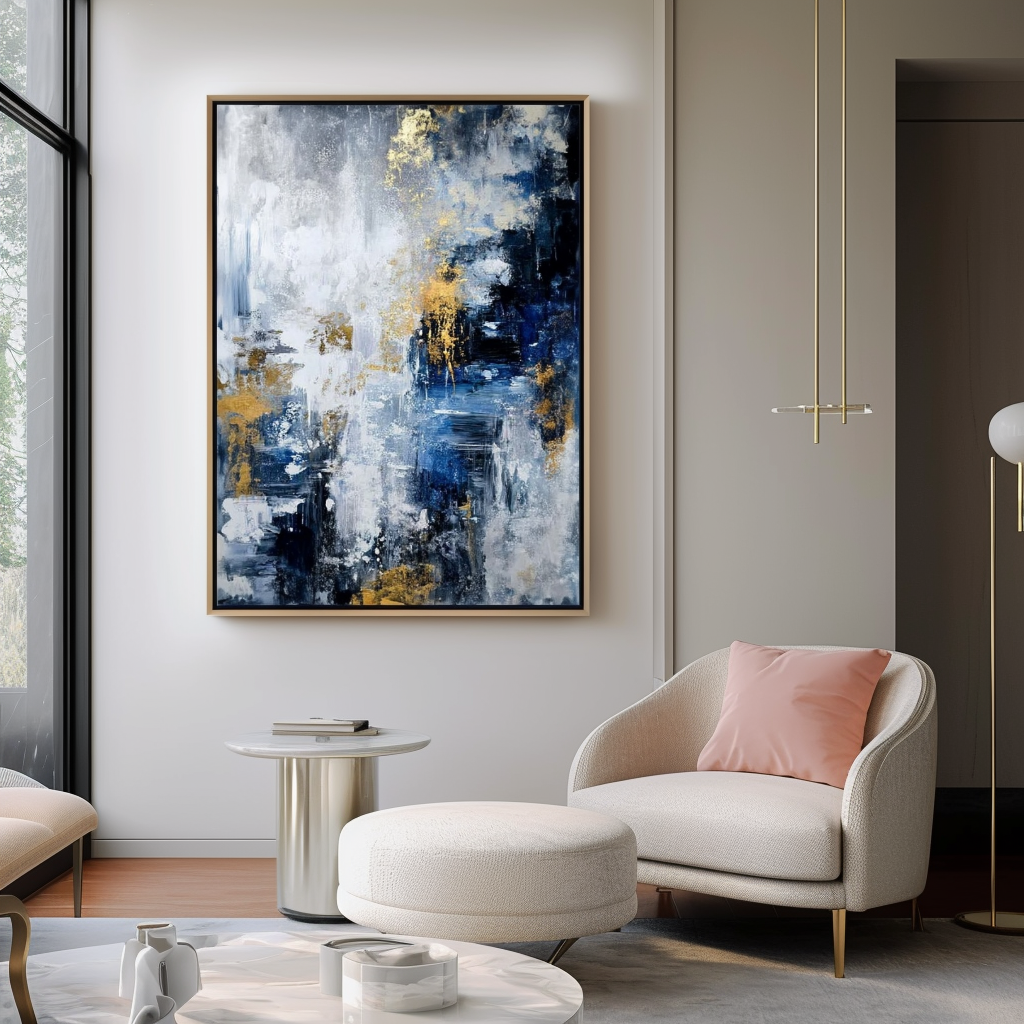 Abstract painting with blue, white, and gold accents, featuring textured brushstrokes.