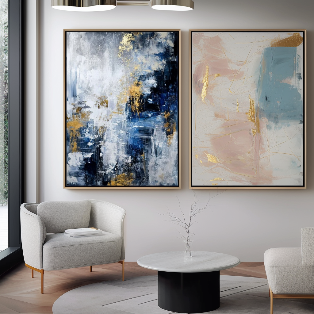 Abstract painting with blue, white, and gold accents, featuring textured brushstrokes.