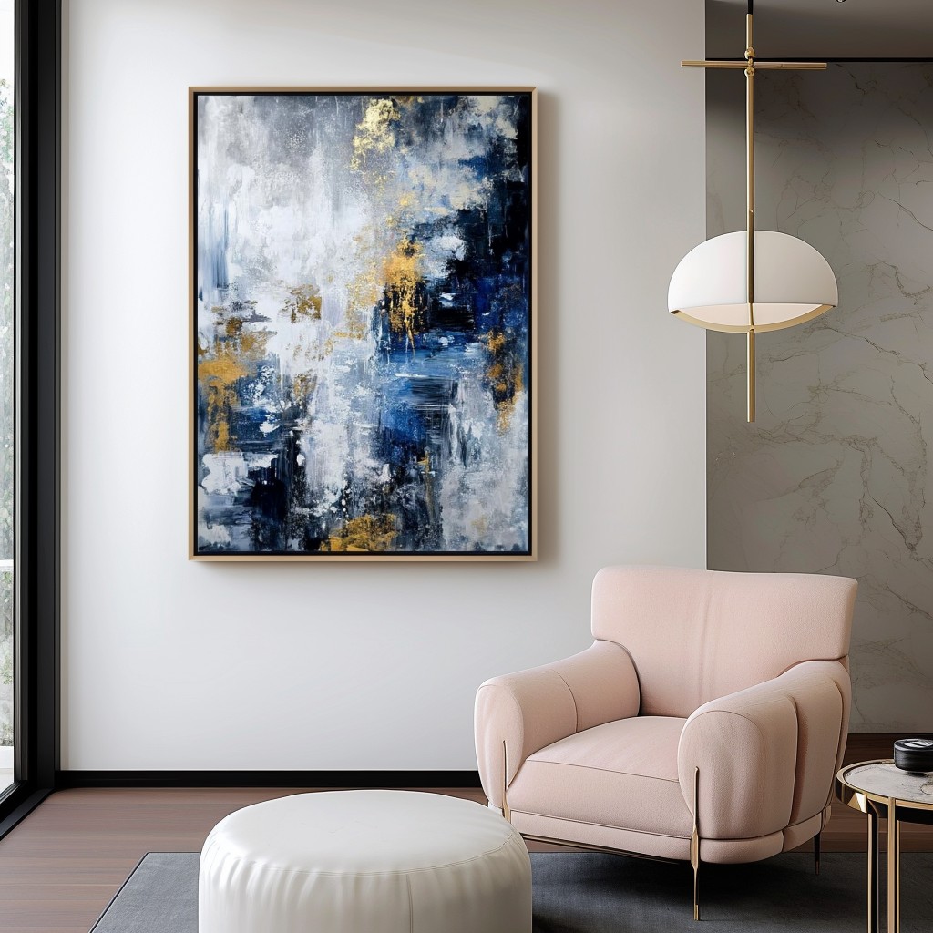 Abstract painting with blue, white, and gold accents, featuring textured brushstrokes.