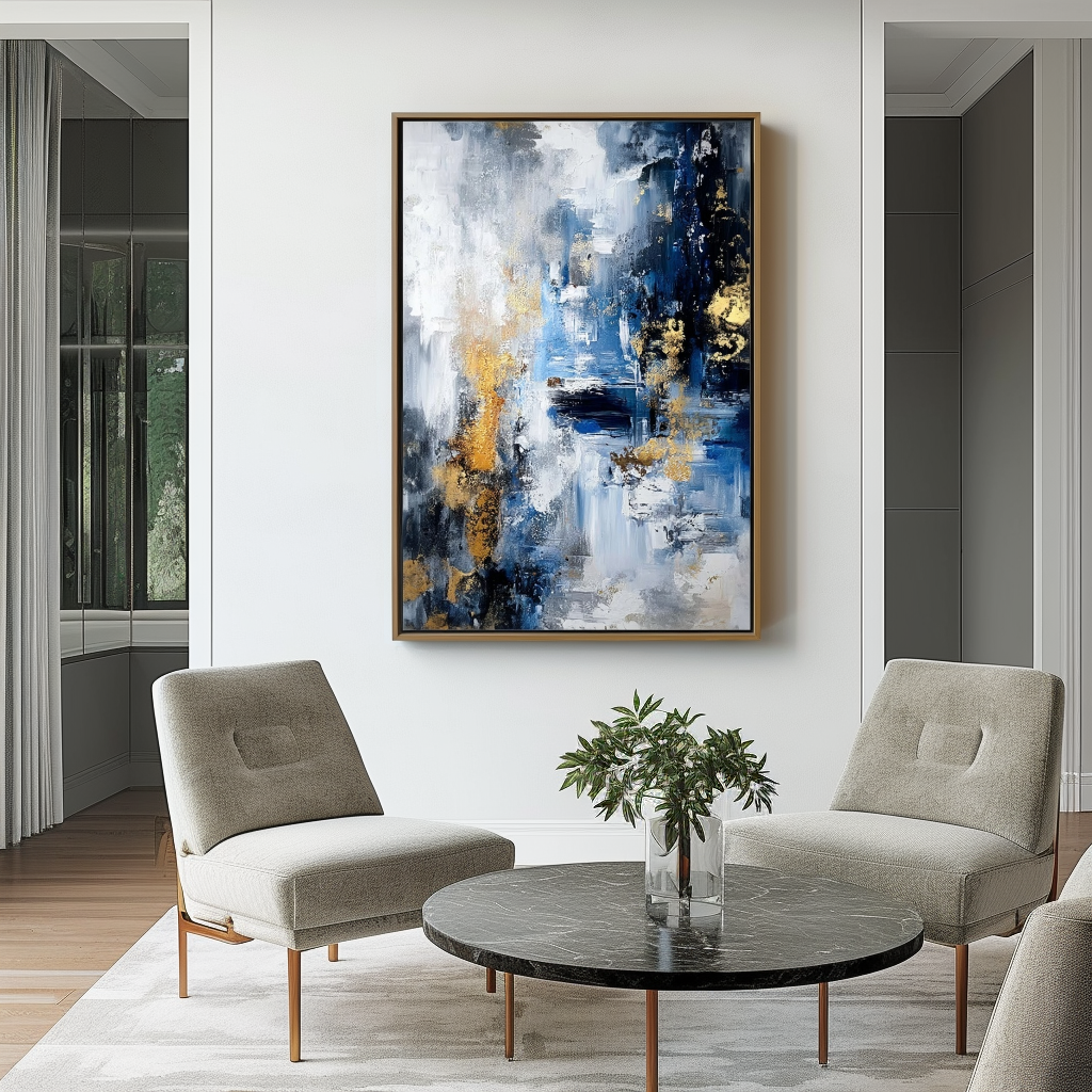 Abstract painting with blue, white, and gold accents, featuring textured brushstrokes and dynamic movement.