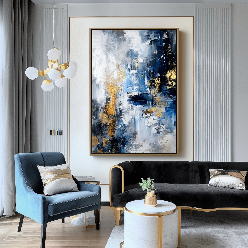 Abstract painting with blue, white, and gold accents, featuring textured brushstrokes and dynamic movement.