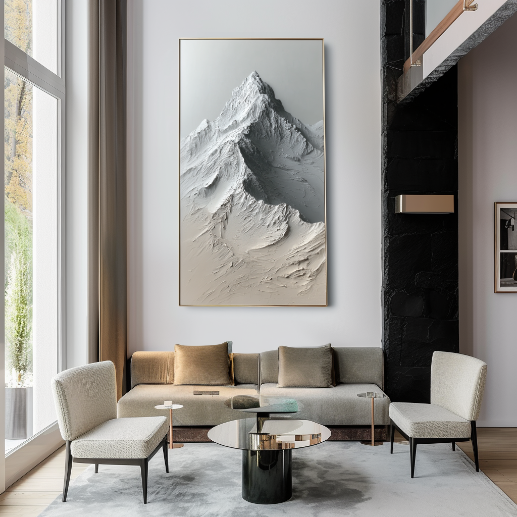Textured mountain landscape painting with raised ridges and neutral shades of white, gray, and beige.