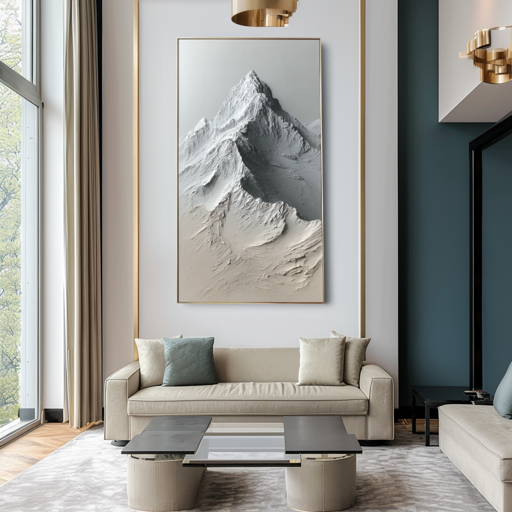 Textured mountain landscape painting with raised ridges and neutral shades of white, gray, and beige.
