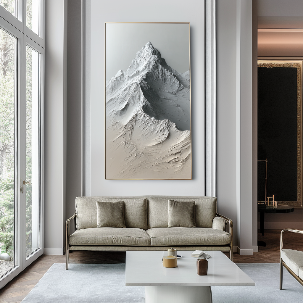 Textured mountain landscape painting with raised ridges and neutral shades of white, gray, and beige.