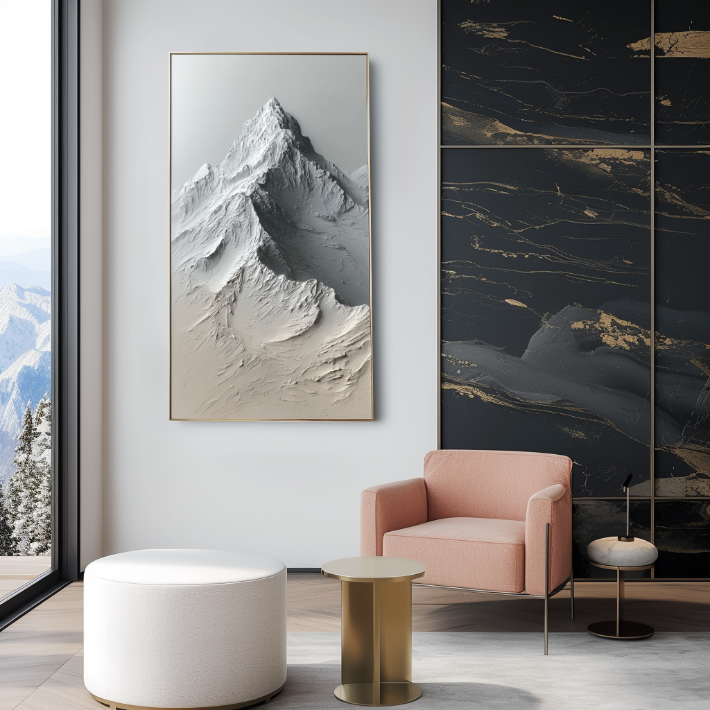 Textured mountain landscape painting with raised ridges and neutral shades of white, gray, and beige.