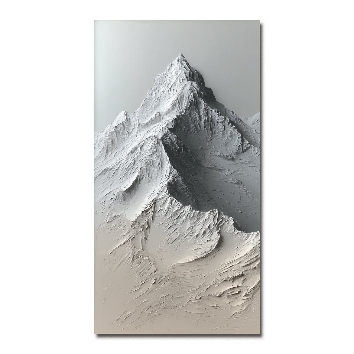 Textured mountain landscape painting with raised ridges and neutral shades of white, gray, and beige.