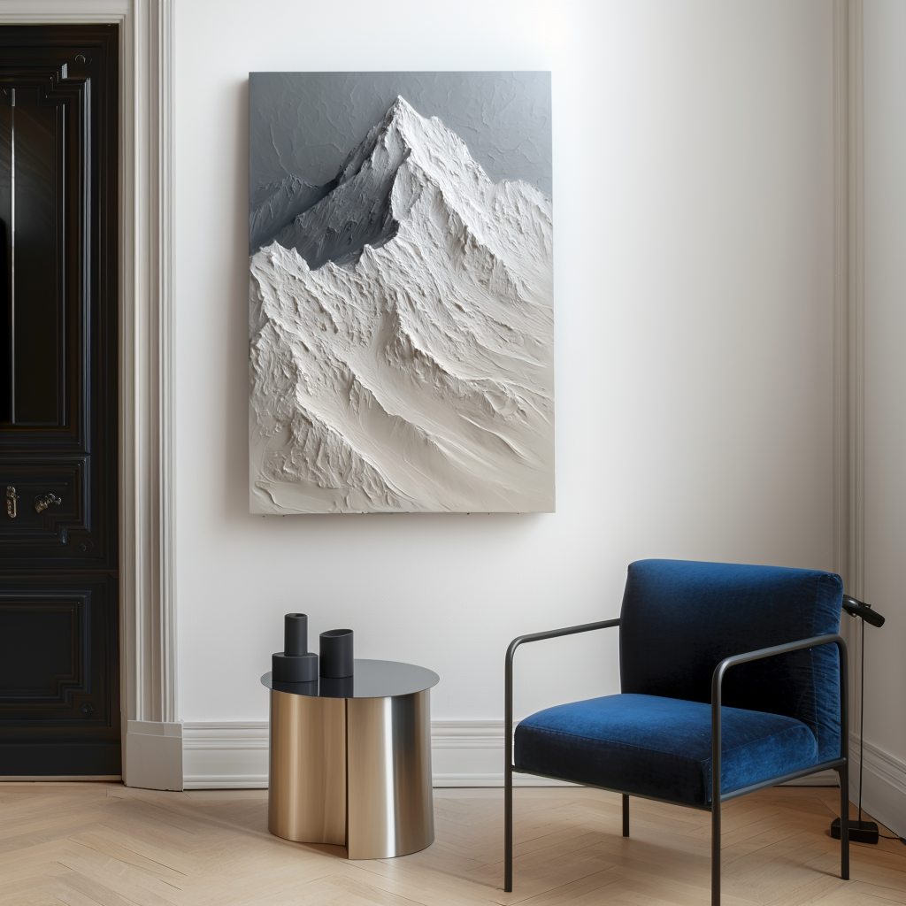 Textured snow-capped mountain landscape painting with raised ridges in neutral shades of white, gray, and beige.