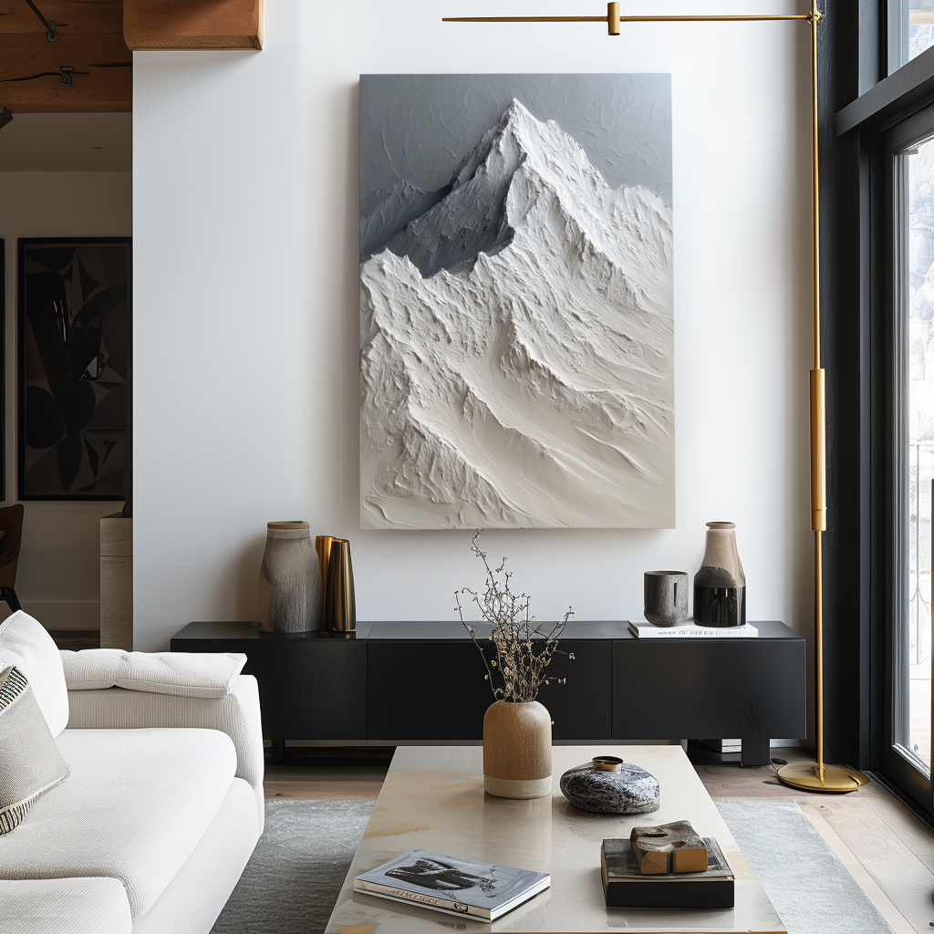 Textured snow-capped mountain landscape painting with raised ridges in neutral shades of white, gray, and beige.