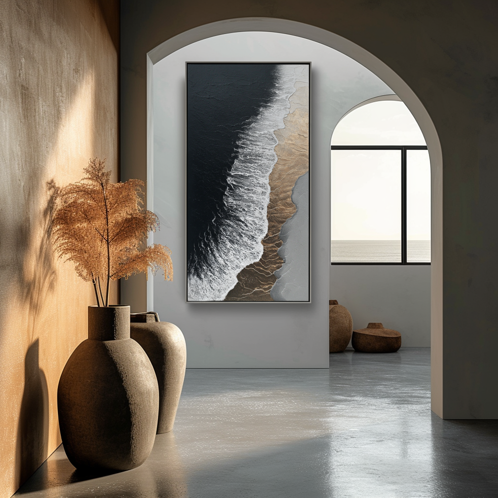 Textured ocean wave painting with black ocean, white foam, and golden shore details.