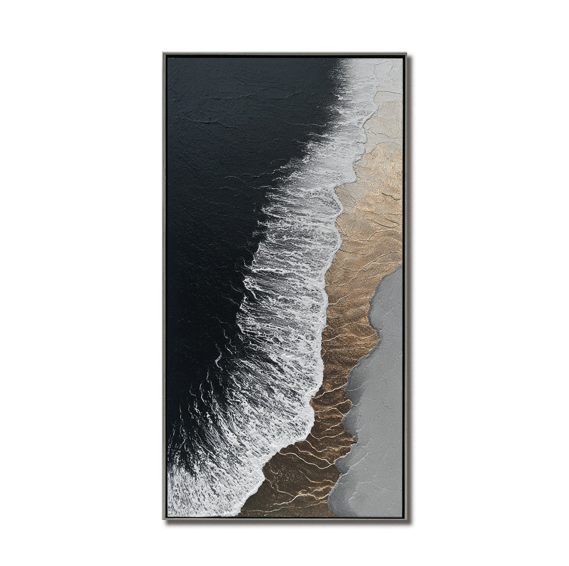 Textured ocean wave painting with black ocean, white foam, and golden shore details.