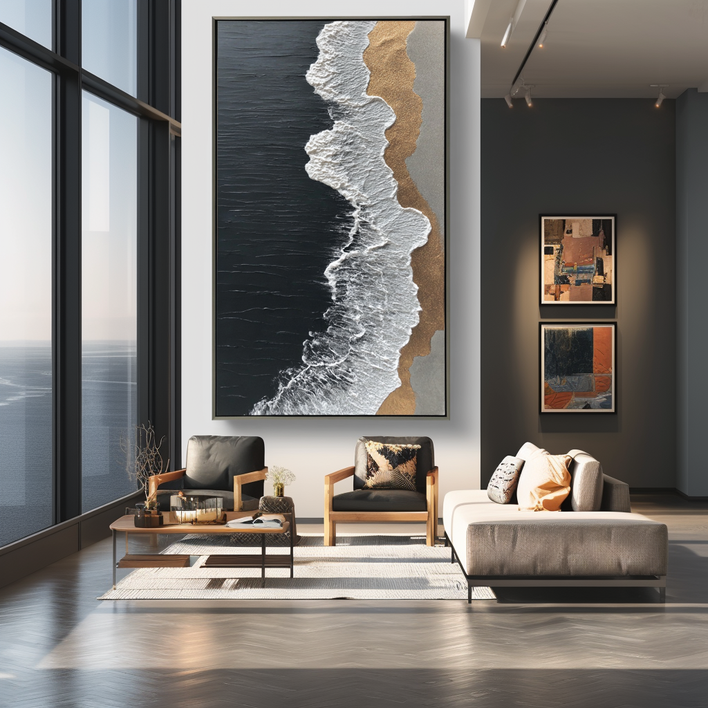 Textured ocean wave painting with black ocean, white foam, and golden shore.
