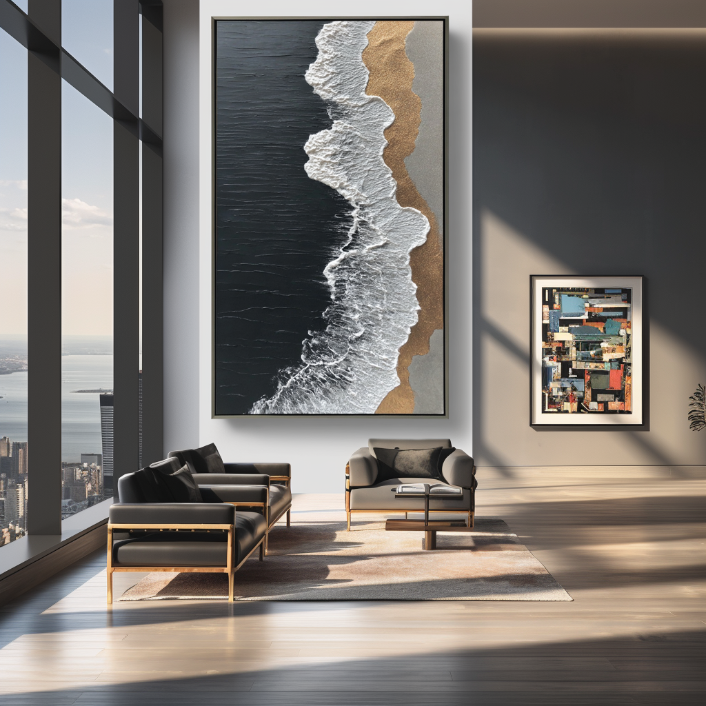 Textured ocean wave painting with black ocean, white foam, and golden shore.