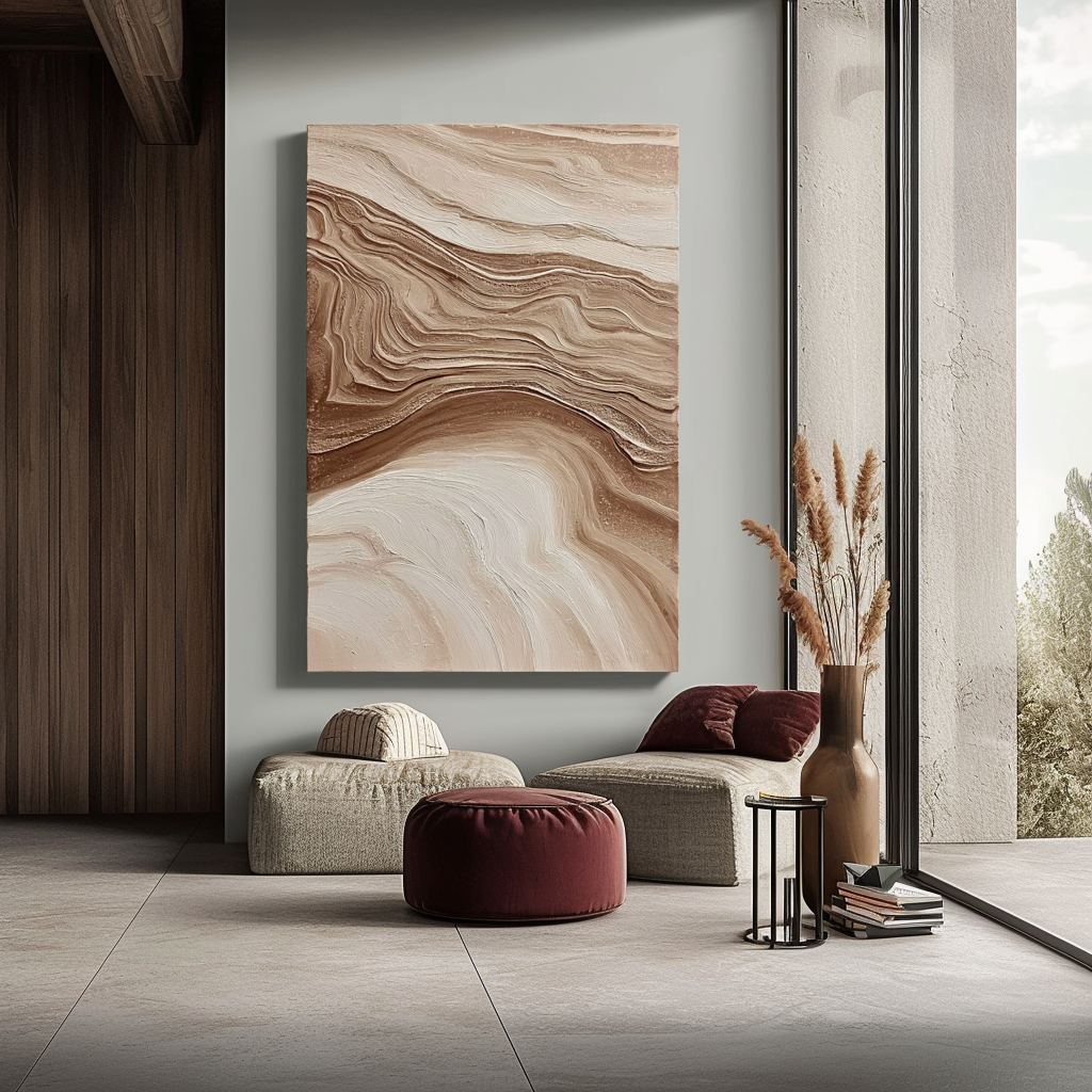Textured abstract painting with flowing lines in beige, brown, and cream tones, resembling natural landscapes.
