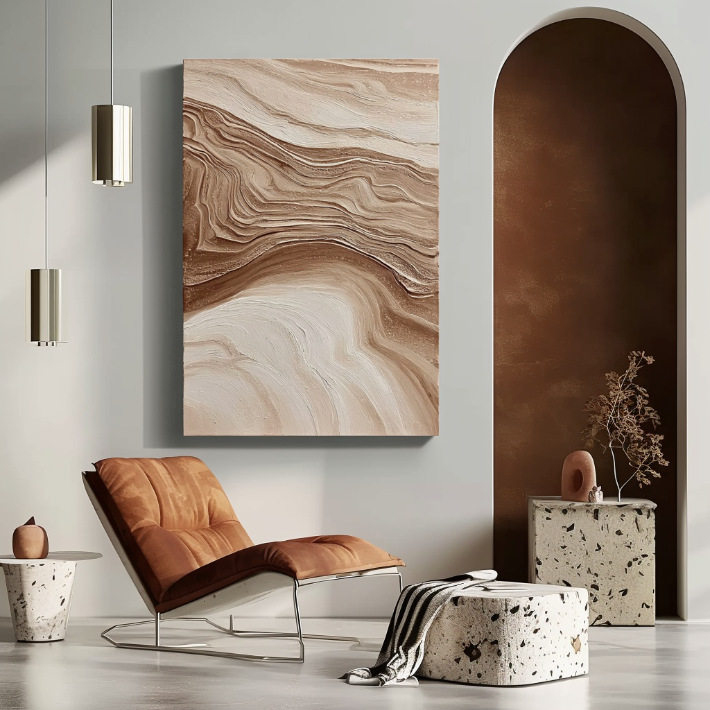 Textured abstract painting with flowing lines in beige, brown, and cream tones, resembling natural landscapes.