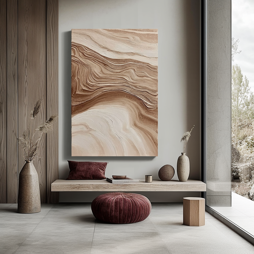 Textured abstract painting with flowing lines in beige, brown, and cream tones, resembling natural landscapes.