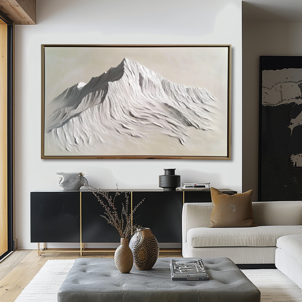 Textured snow-capped mountain painting in white, beige, and gray tones with raised ridges and slopes.