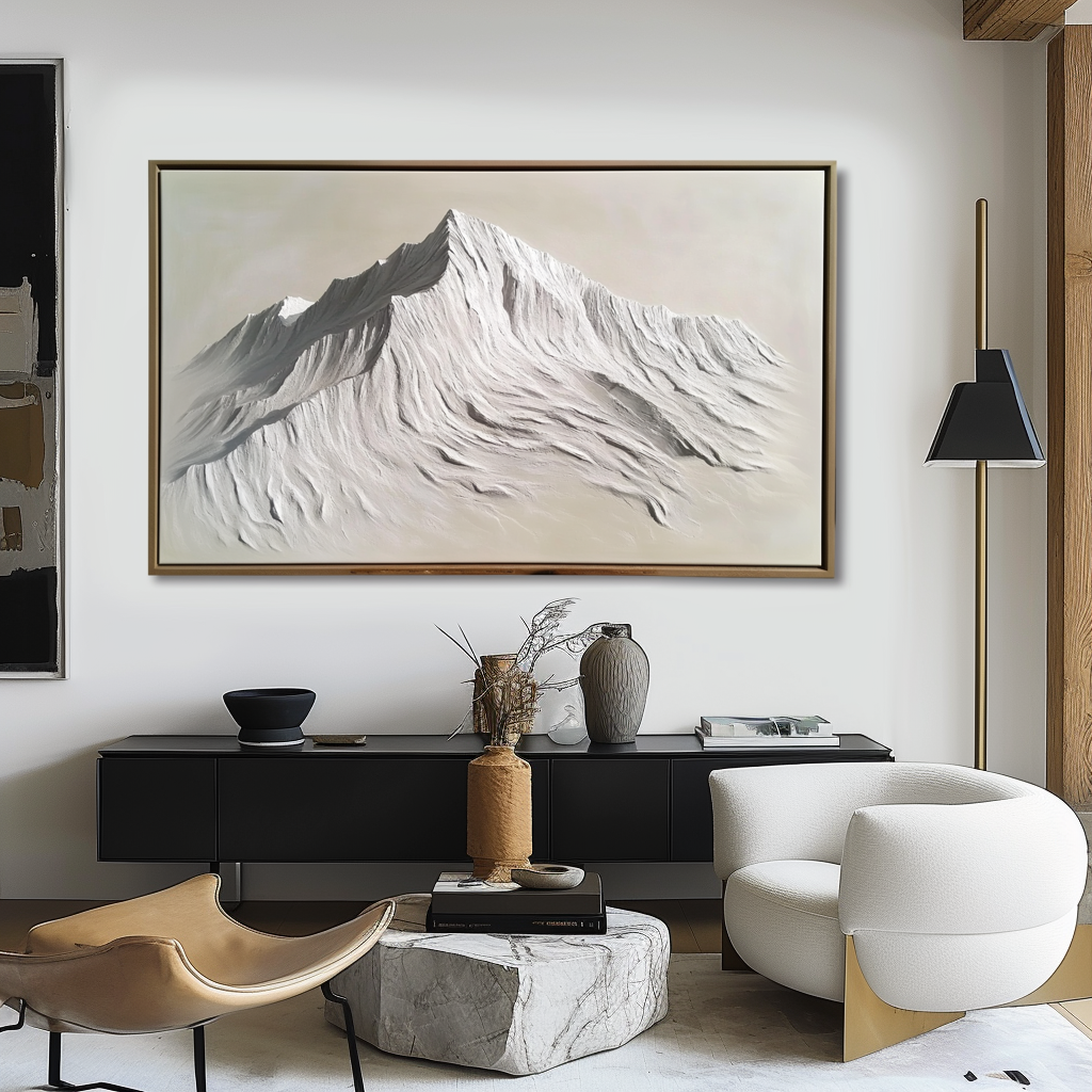 Textured snow-capped mountain painting in white, beige, and gray tones with raised ridges and slopes.