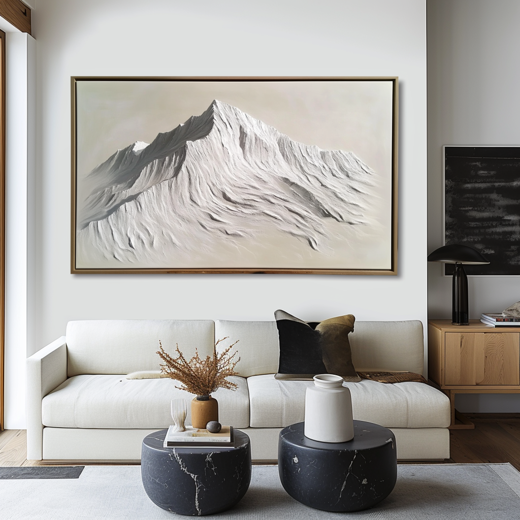 Textured snow-capped mountain painting in white, beige, and gray tones with raised ridges and slopes.