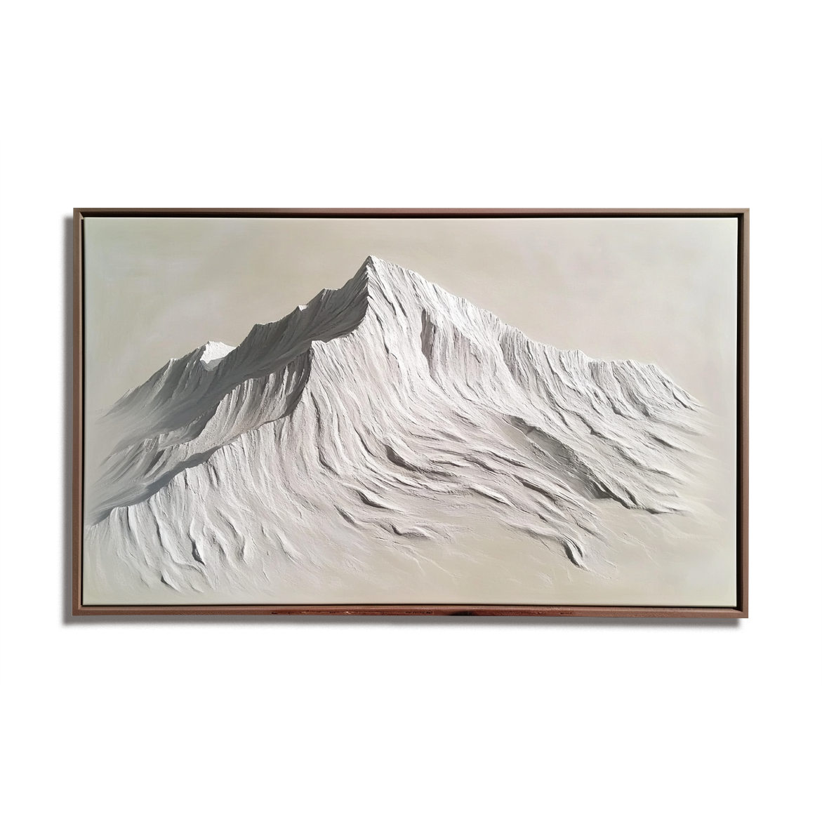 Textured snow-capped mountain painting in white, beige, and gray tones with raised ridges and slopes.