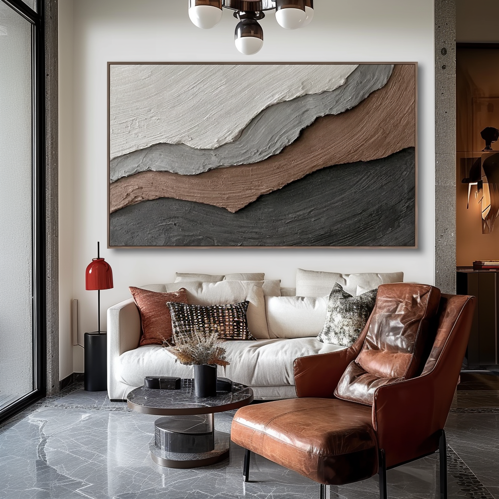 Textured abstract painting in beige, gray, brown, and black tones with flowing brushstrokes and layered textures.