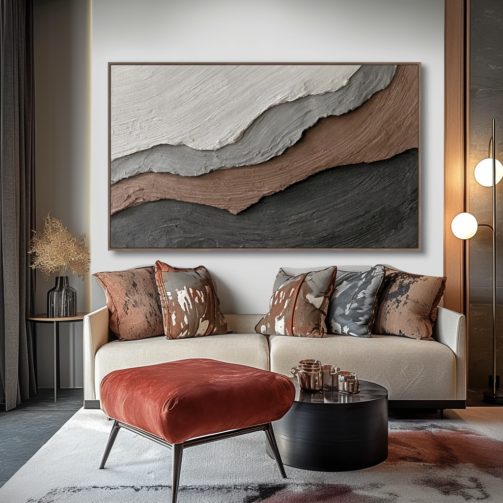 Textured abstract painting in beige, gray, brown, and black tones with flowing brushstrokes and layered textures.