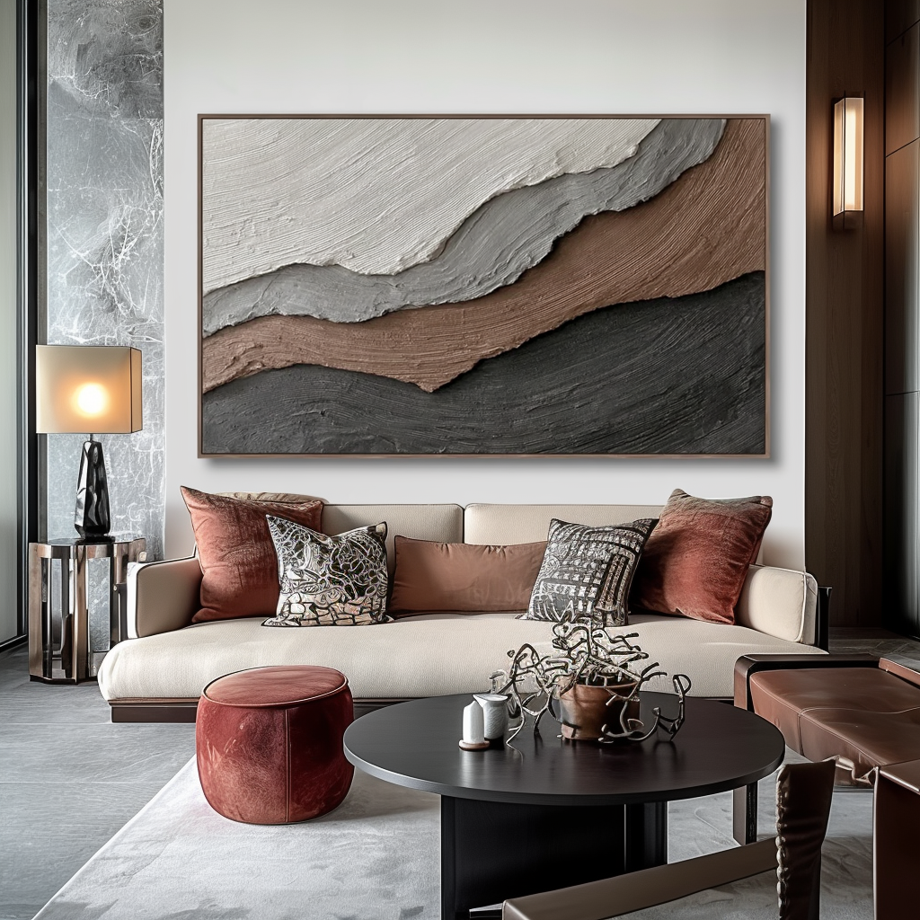 Textured abstract painting in beige, gray, brown, and black tones with flowing brushstrokes and layered textures.