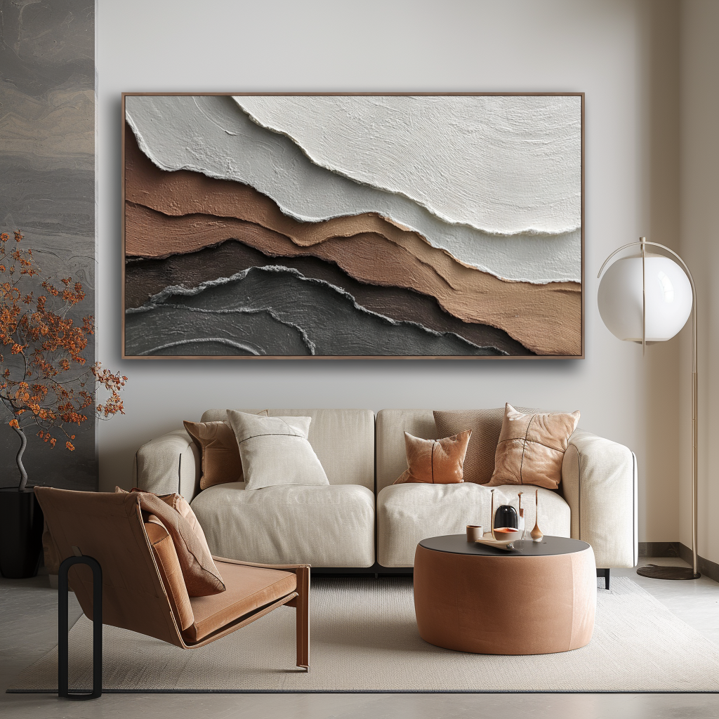 Textured abstract painting in layers of white, beige, brown, and gray tones with raised brushstrokes.