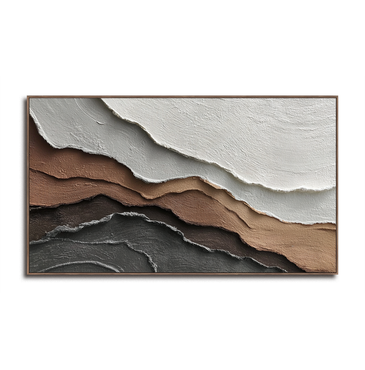 Textured abstract painting in layers of white, beige, brown, and gray tones with raised brushstrokes.