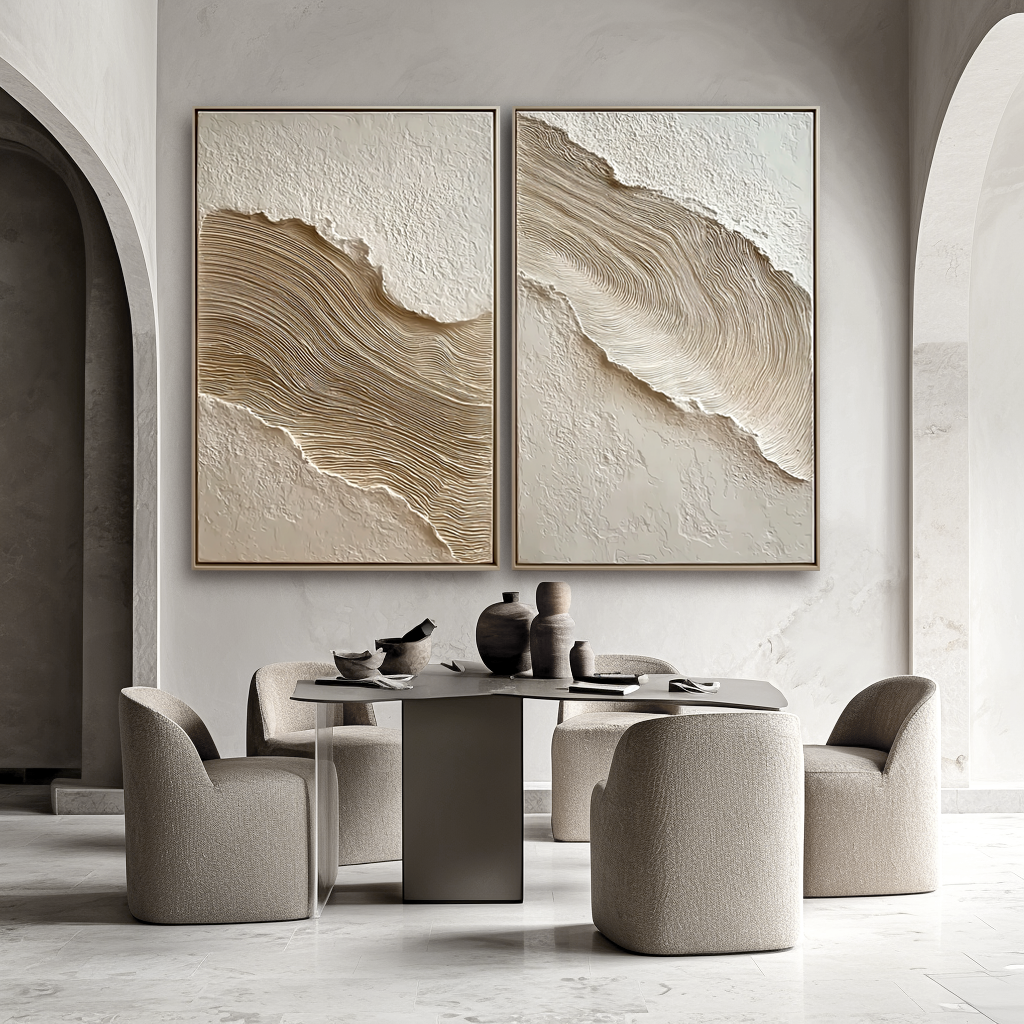 Textured abstract diptych with flowing lines in beige, cream, and white tones, creating a sense of movement and depth.