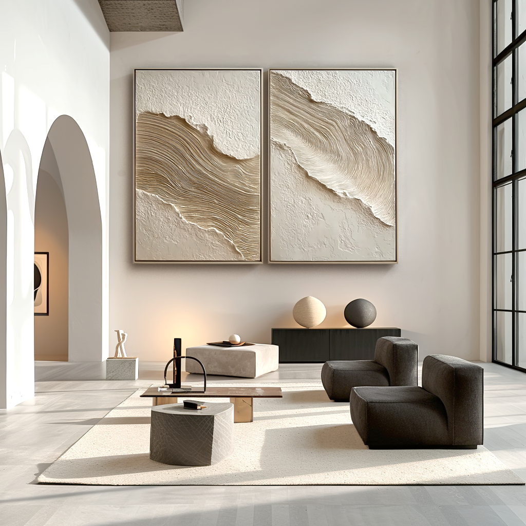 Textured abstract diptych with flowing lines in beige, cream, and white tones, creating a sense of movement and depth.