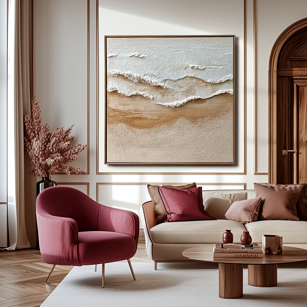 Textured ocean waves with white foam crashing onto a sandy beach in soft beige and white tones.