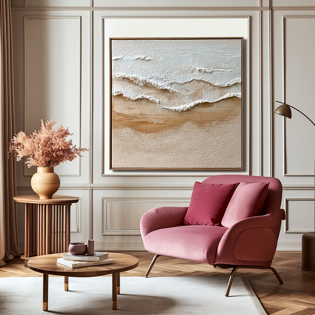 Textured ocean waves with white foam crashing onto a sandy beach in soft beige and white tones.