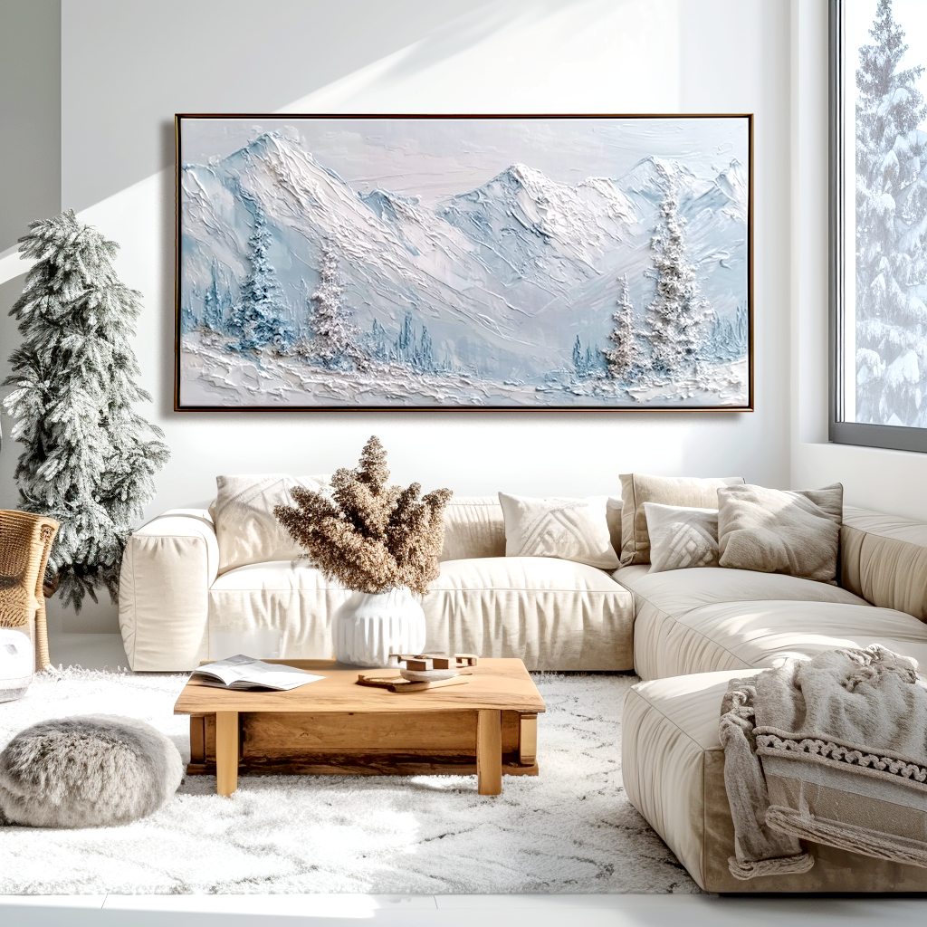 Textured snow-capped mountain painting with white peaks and frosted trees, in soft light blue and gray tones.