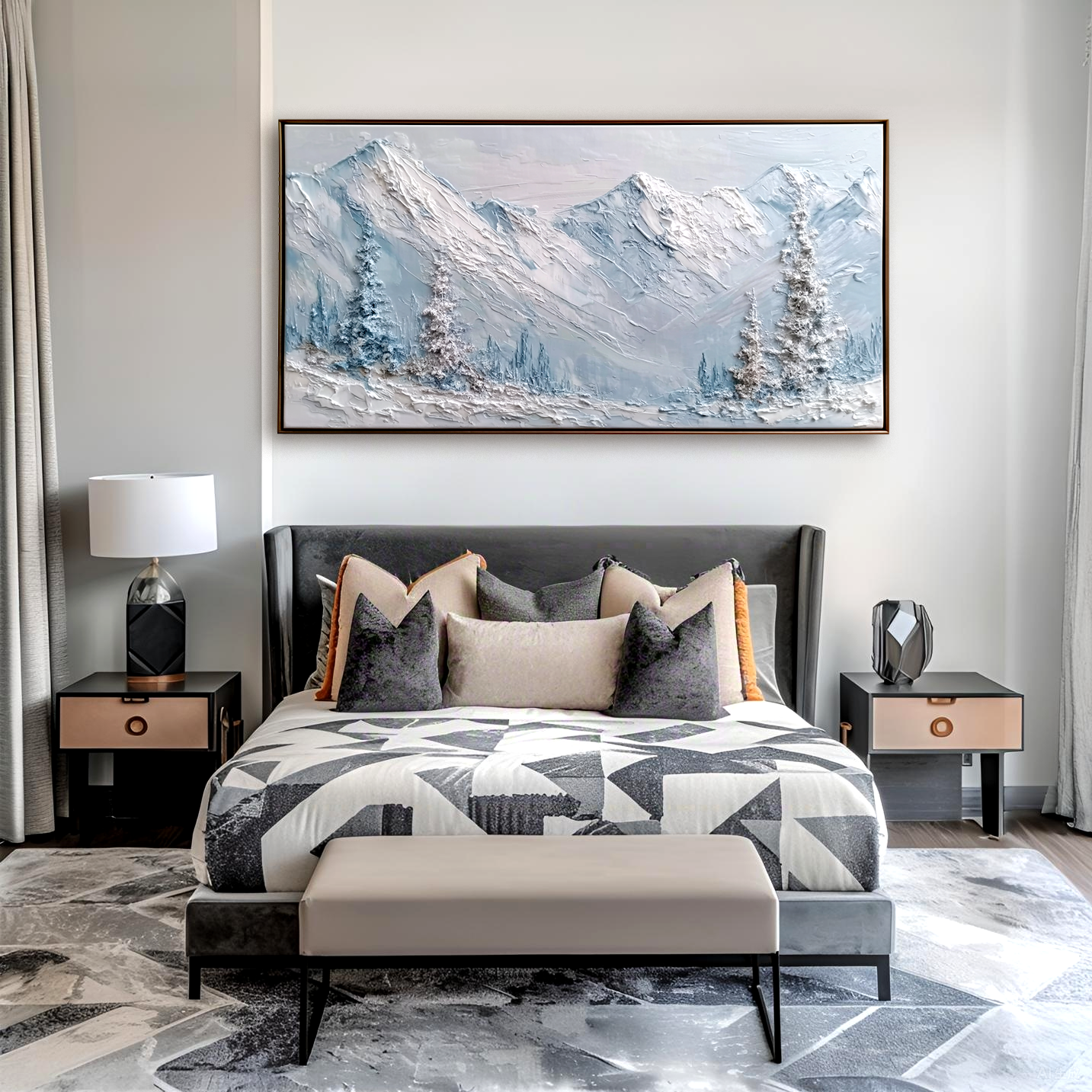 Textured snow-capped mountain painting with white peaks and frosted trees, in soft light blue and gray tones.