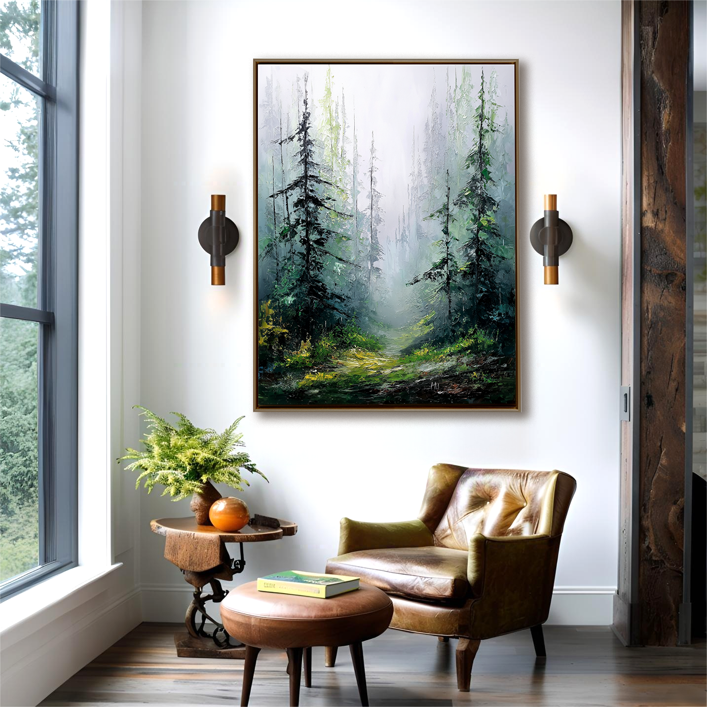 Textured painting of a misty forest path surrounded by tall trees in shades of green, yellow, and brown.