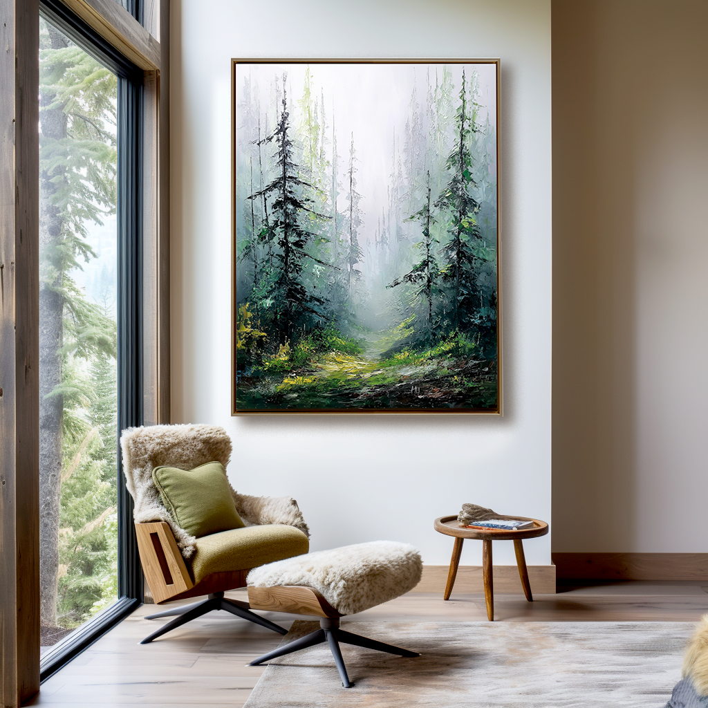 Textured painting of a misty forest path surrounded by tall trees in shades of green, yellow, and brown.