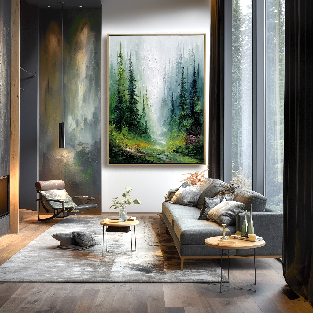 Textured forest path with tall trees and misty background in soft green tones.