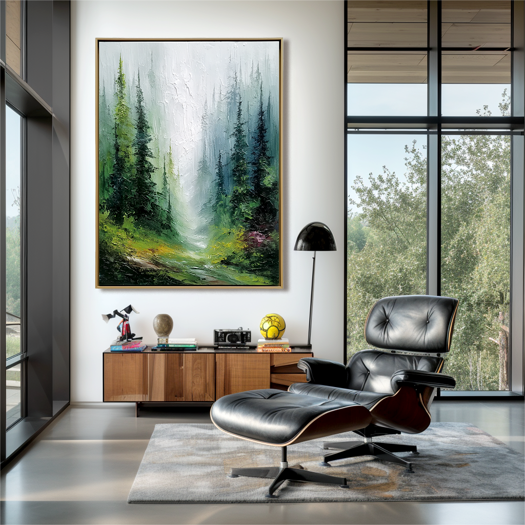 Textured forest path with tall trees and misty background in soft green tones.