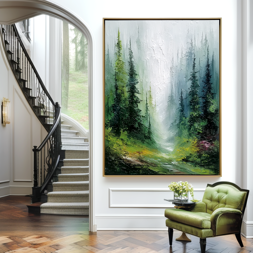 Textured forest path with tall trees and misty background in soft green tones.