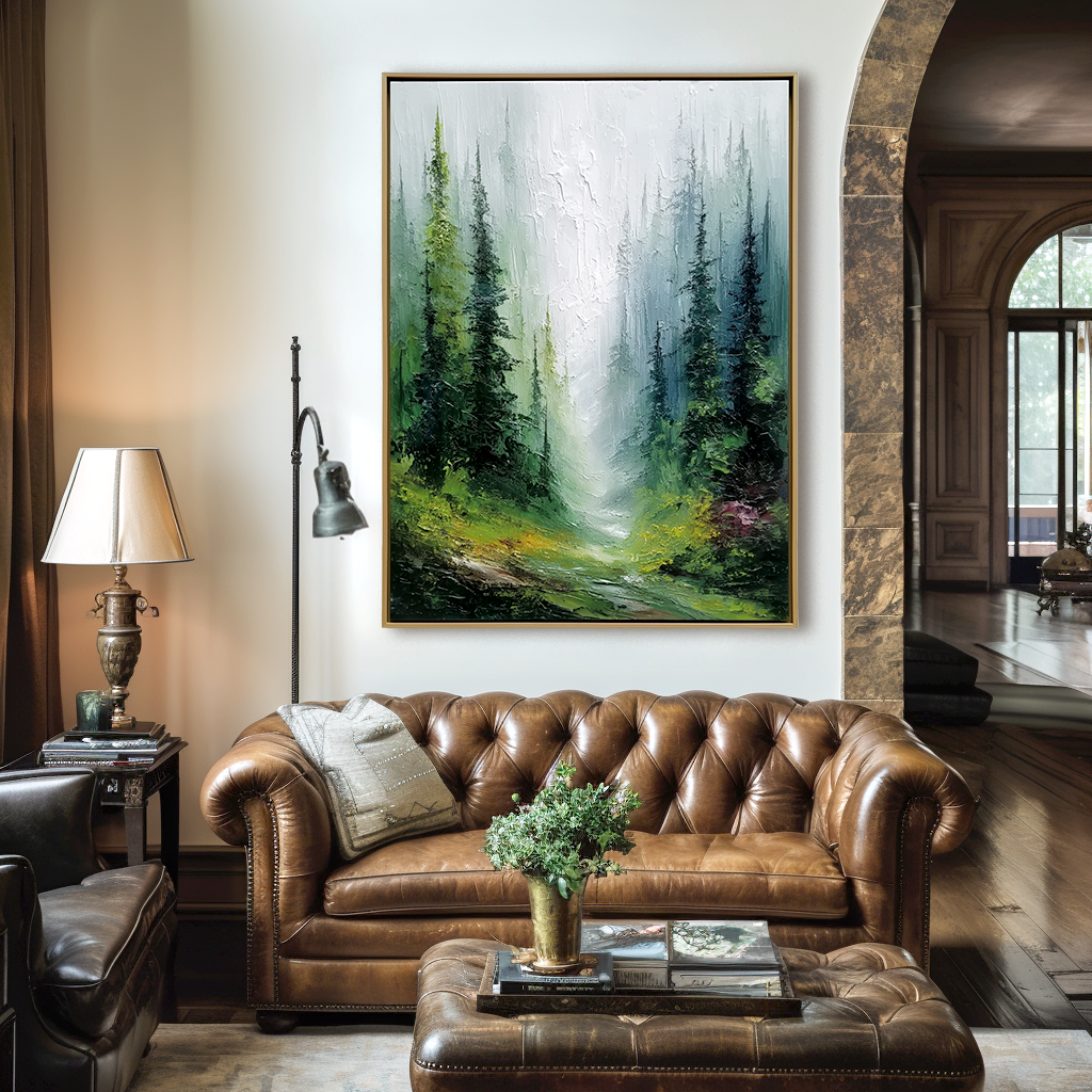 Textured forest path with tall trees and misty background in soft green tones.