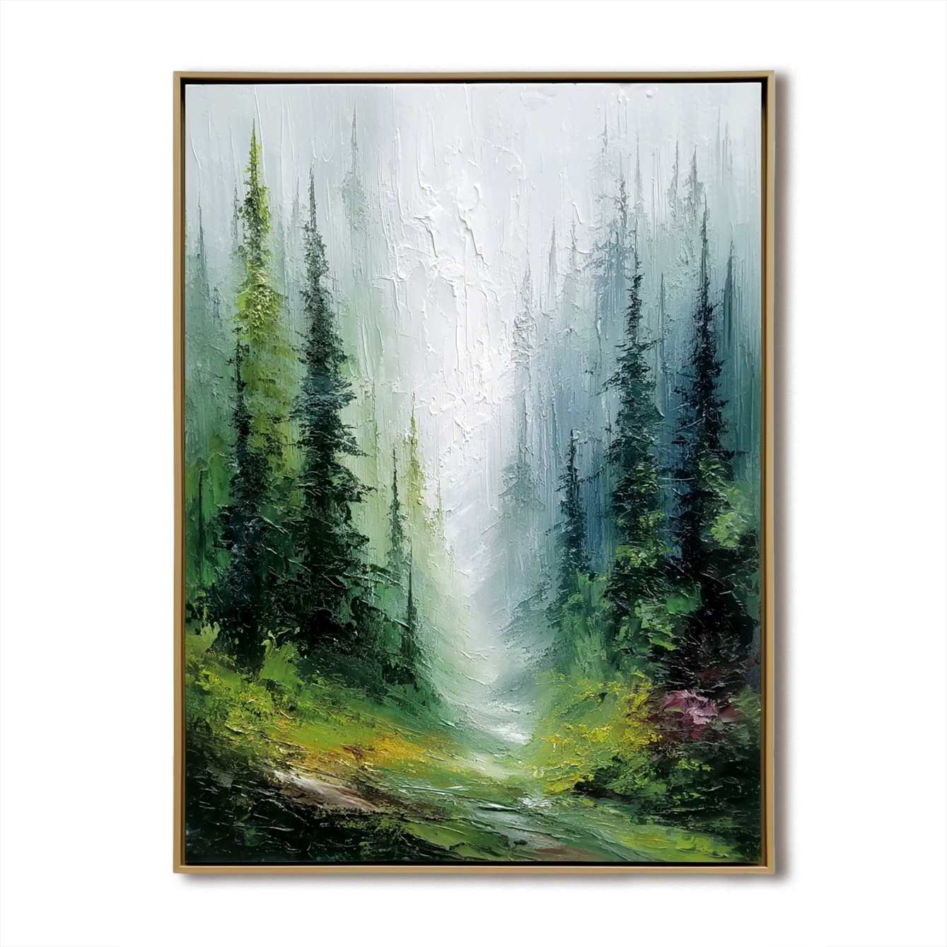 Textured forest path with tall trees and misty background in soft green tones.